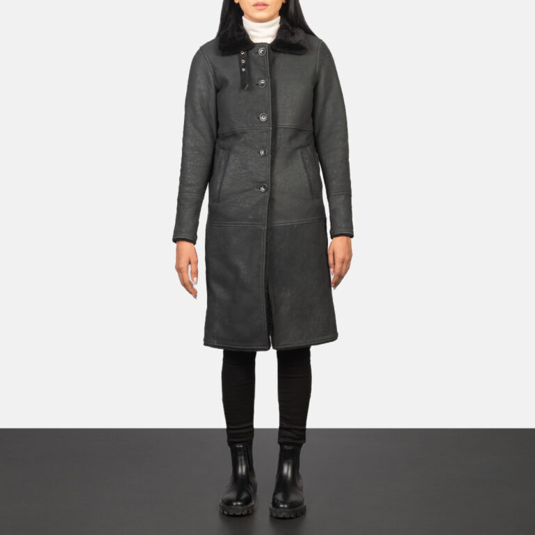 Womens Alina Shearling Black Leather Coat Full Length-2-1725279182889